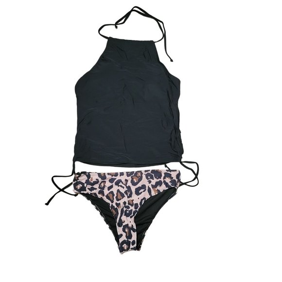 NWT Beachsissi Black Leopard Print Tankini with Removable Padding XL 1261 - Picture 1 of 12